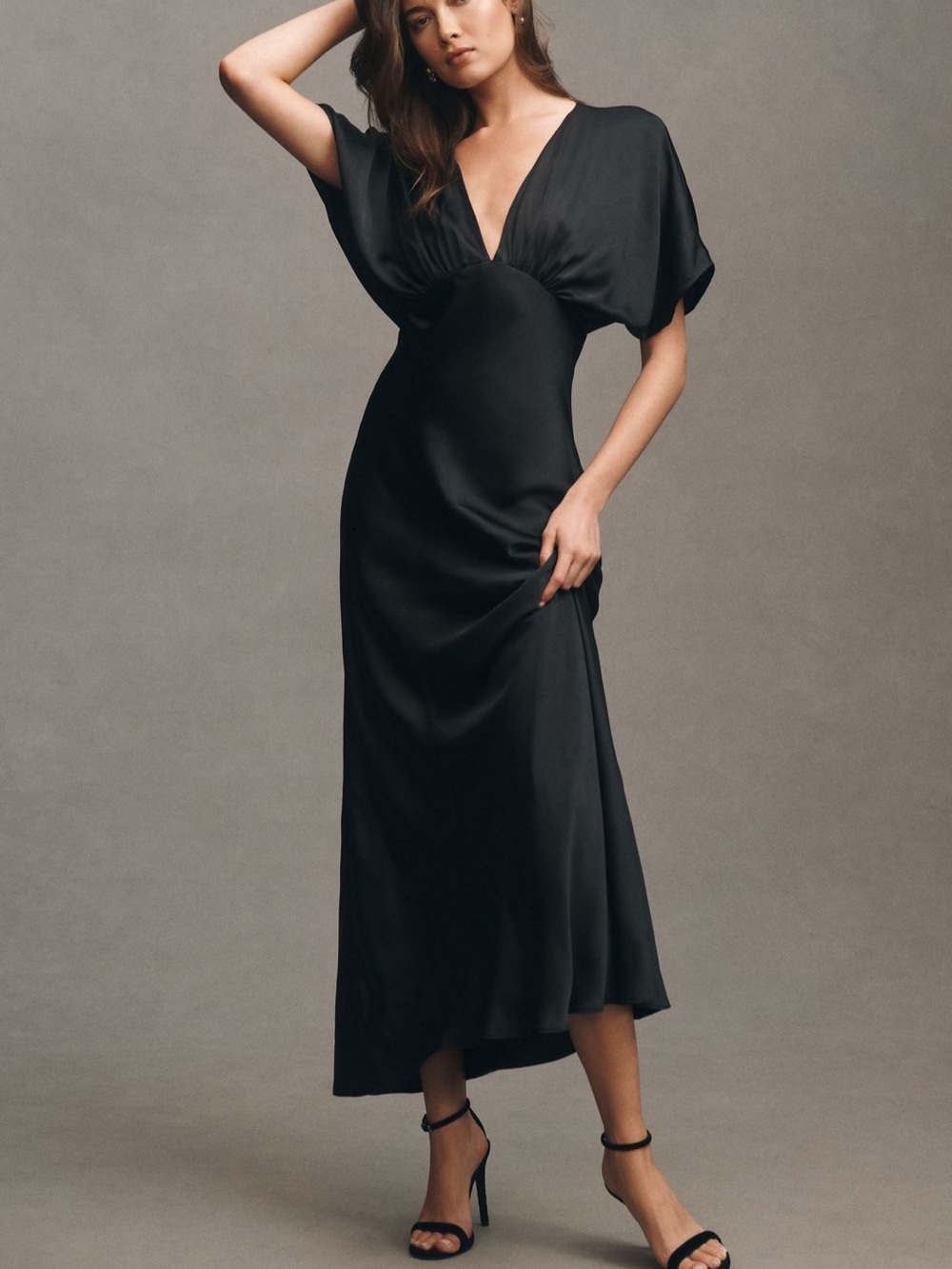 BHLDN Black Satin V-Neck Slip Dress with Dolman Sleeves